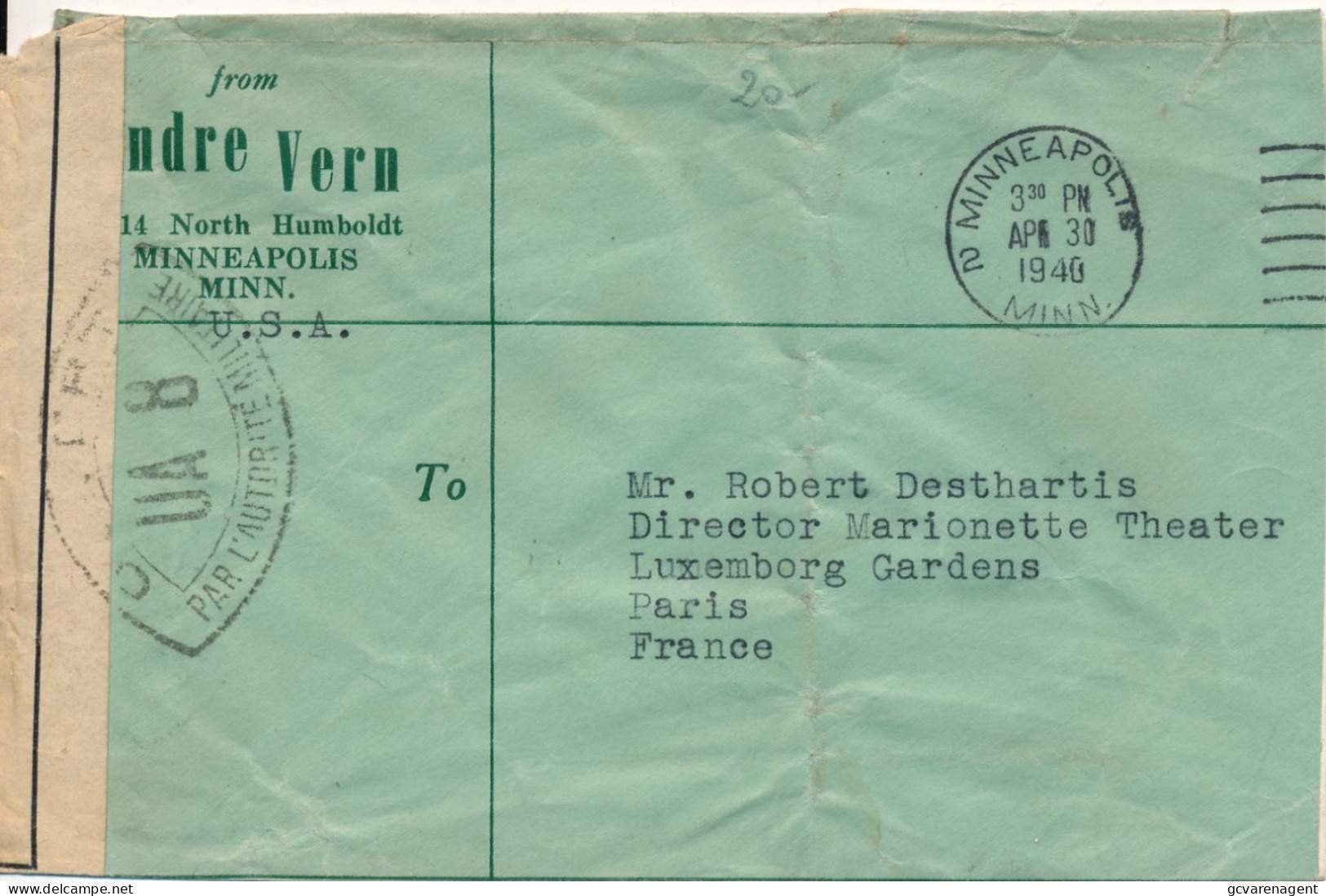 COVER 1940  WWII - CONTROLE POSTAL MILITAIRE - MINNEAPOLIS TO PARIS FRANCE - Briefe U. Dokumente