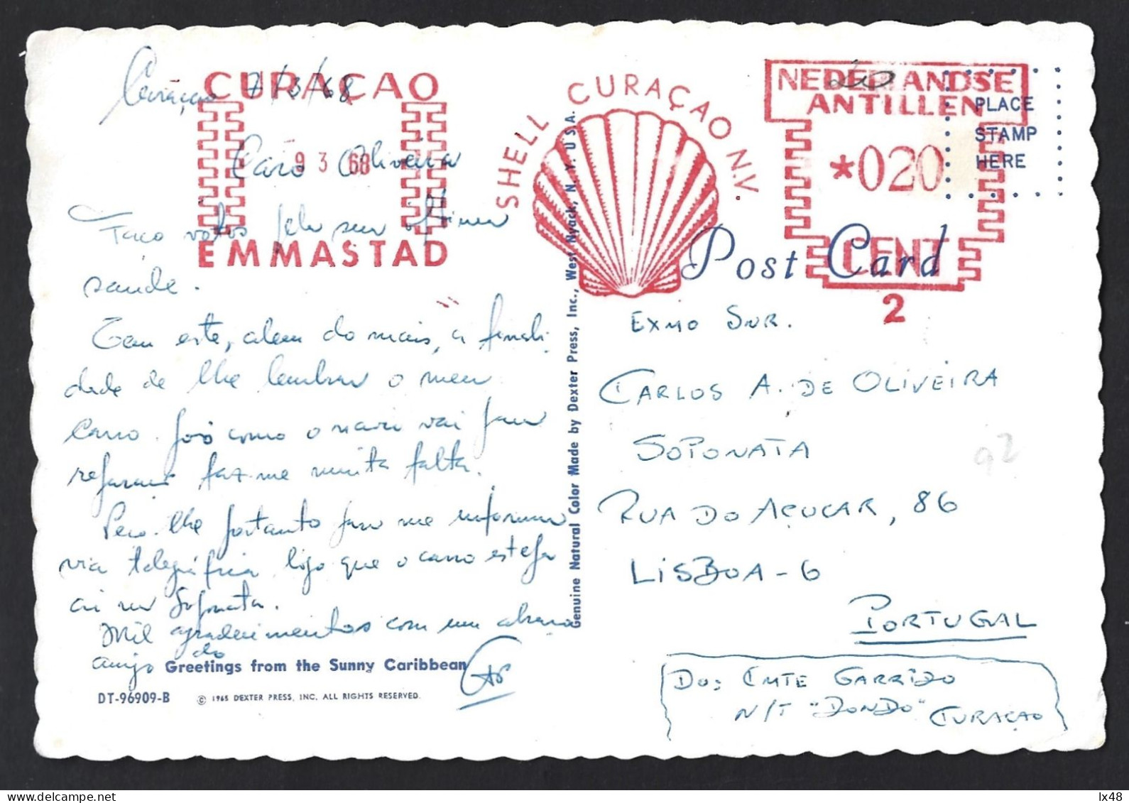 Rare Postcard Netherlands Antilles Pennant 1964 Shell. Curation.Ansichtkaart Vlag Nederlandse Antillen. Schelp. Curação. - Hotel- & Gaststättengewerbe