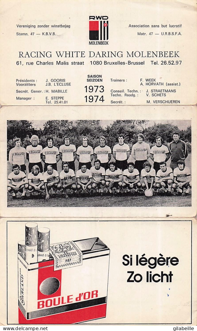 Football - Racing White Daring MOLENBEEK - Calendrier Saison 1973/1974 - Autres & Non Classés