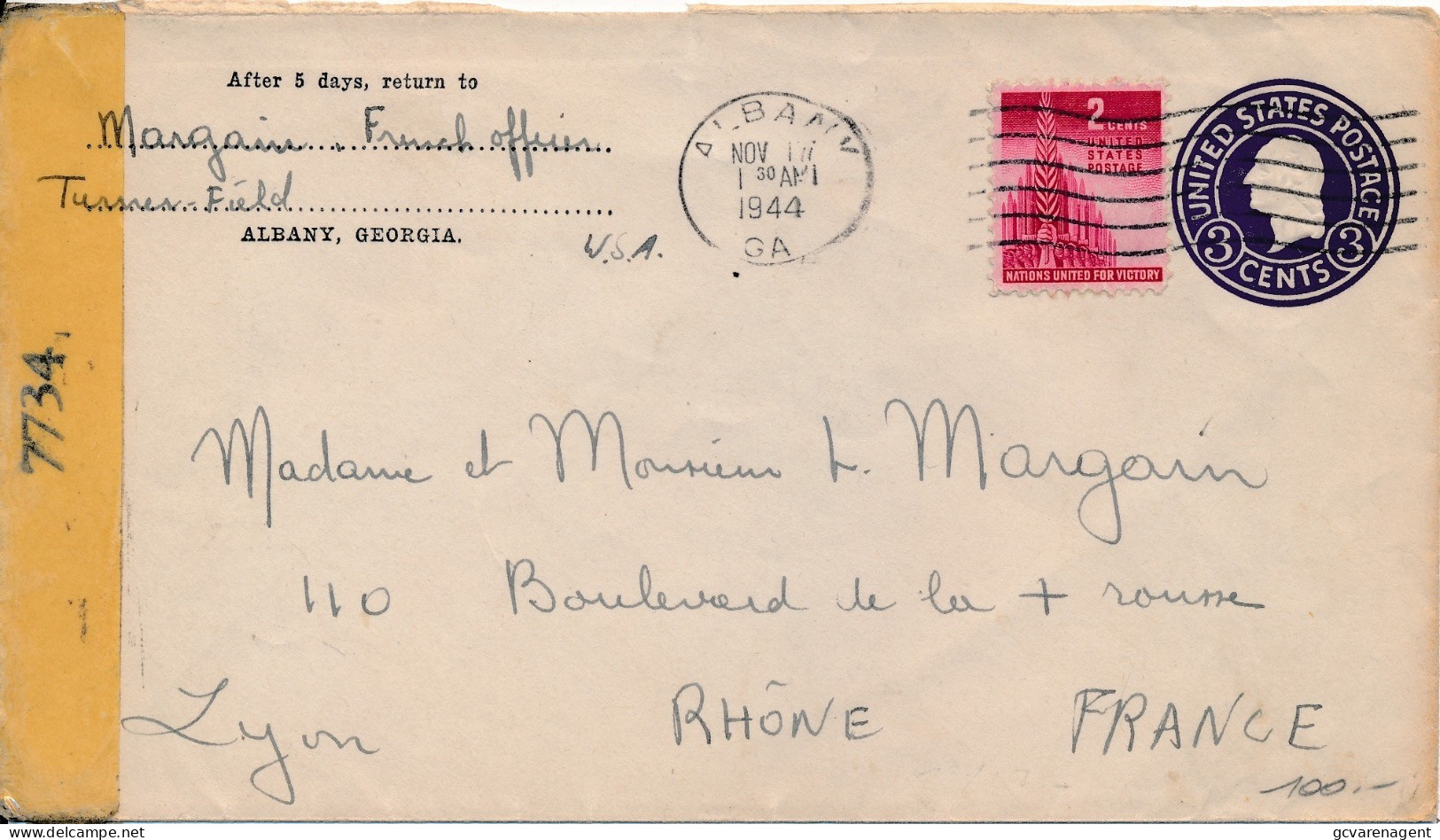 COVER 1944  WWII- EXAMINED BY 7734 - ALBANY TO LYON  FRANCE - Briefe U. Dokumente