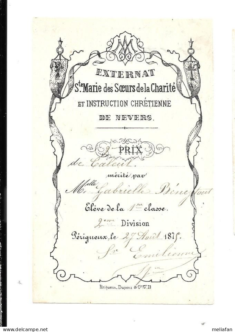 KB656 - BILLET DE PRIX - EXTERNAT SAINTE MARIE SOEURS DE LA CHARITE NEVERS - GABRIELLE BENEYTOUT - Diplomas Y Calificaciones Escolares