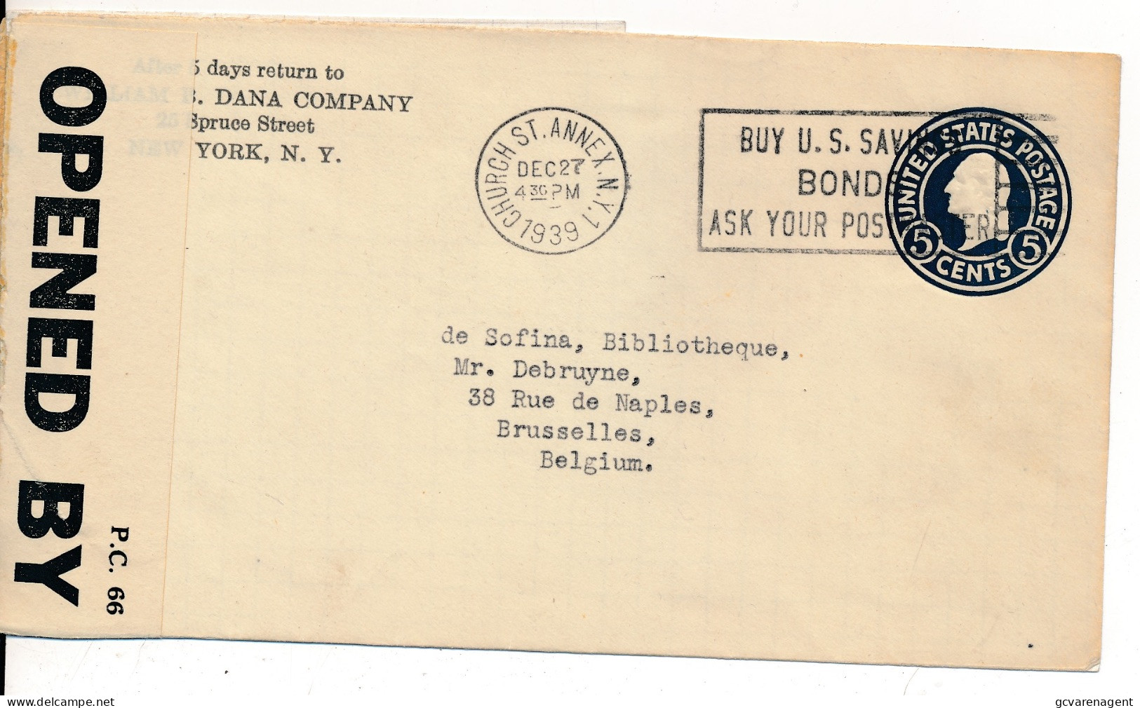 COVER 1939  WWII- EXAMINED BY CENSOR  - NEW YORK  TO   BRUSSELLES  BELGIUM - Cartas & Documentos