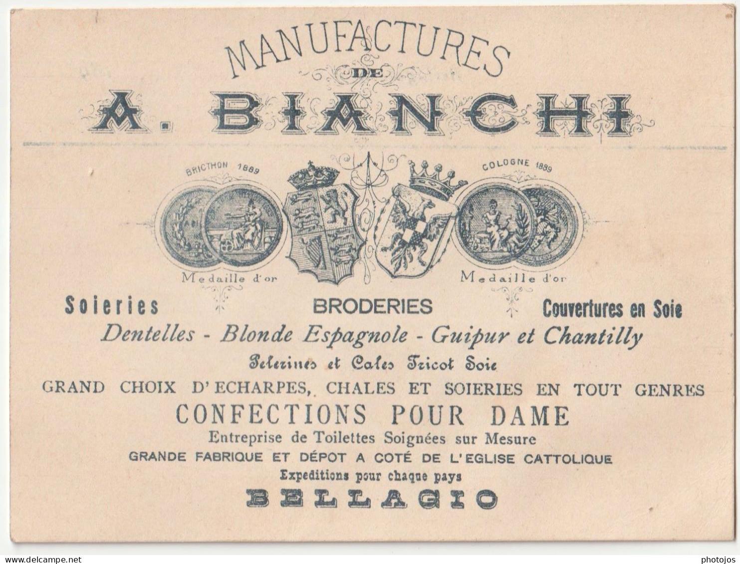 Carte Publicité Commerciale Litho Manufacture Bianchi Broderies Dentelles Confection Bellagio (Italie) - Pubblicitari