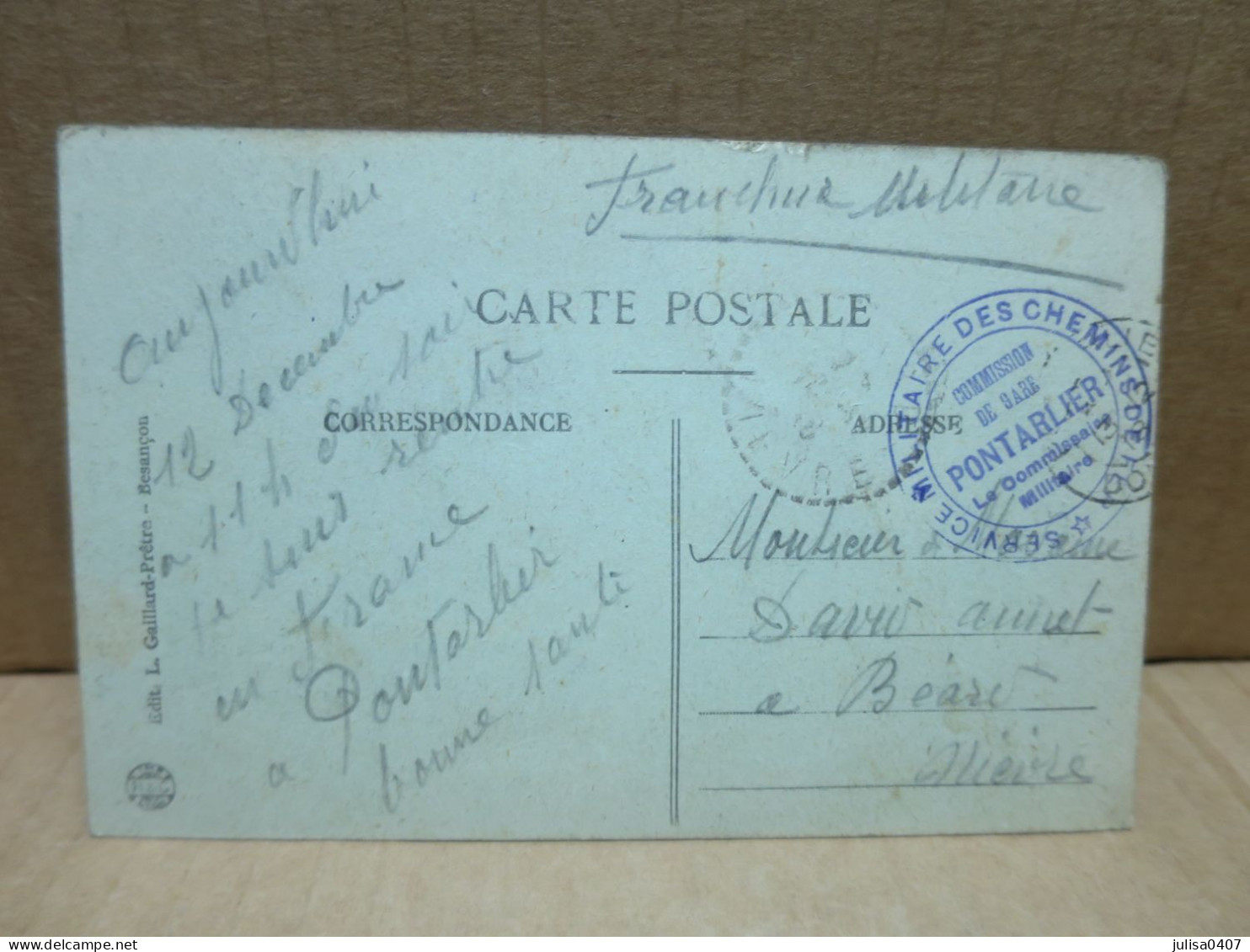 PONTARLIER (25) Cachet Militaire Service Militaire Des Chemins De Fer Gare De Pontarlier Guerre 1914-18 - Pontarlier