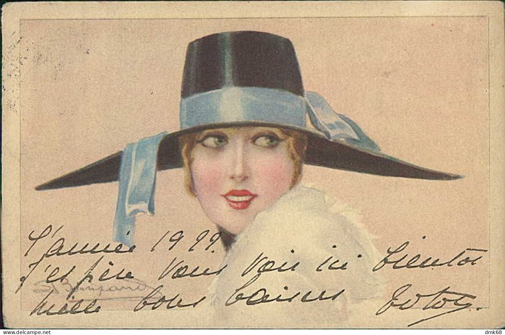 BOMPARD  SIGNED 1910s POSTCARD - WOMAN WITH BIG HAT - N.990/4 (5502) - Bompard, S.