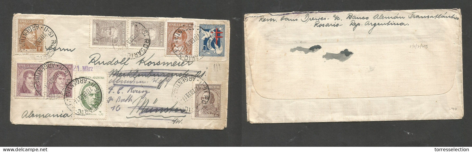 Argentina - XX. 1939 (27 Febr) Rosario - Germany, Munich. Proceres Issue + T Label Multifkd Envelope, Tied Cds At 20c +  - Andere & Zonder Classificatie