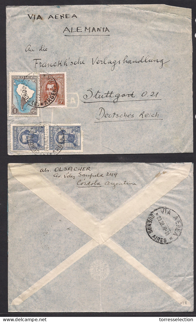 Argentina - XX. 1939 (26 June) Cordoba - Germany, Stuttgart. Air Multifkd Env 1,45 Pesos Rate. - Andere & Zonder Classificatie