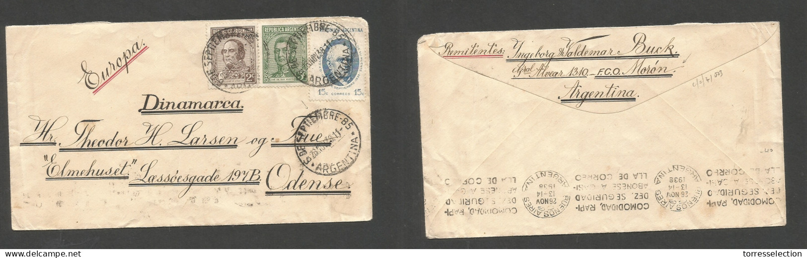Argentina - XX. 1938 (26 Nov) 5 De Septiembre 85 - Denmark, Odense. Multifkd Env. Proceres Issue, At 20c Rate, Cds. VF. - Andere & Zonder Classificatie