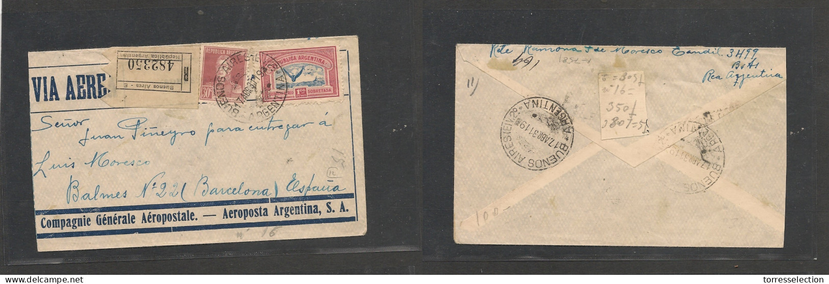ARGENTINA. Argentina Cover - 1931 BA E To Spain Barcelona CGA Air Registr Mult Fkd Env, Vf Usage At This Time - Altri & Non Classificati