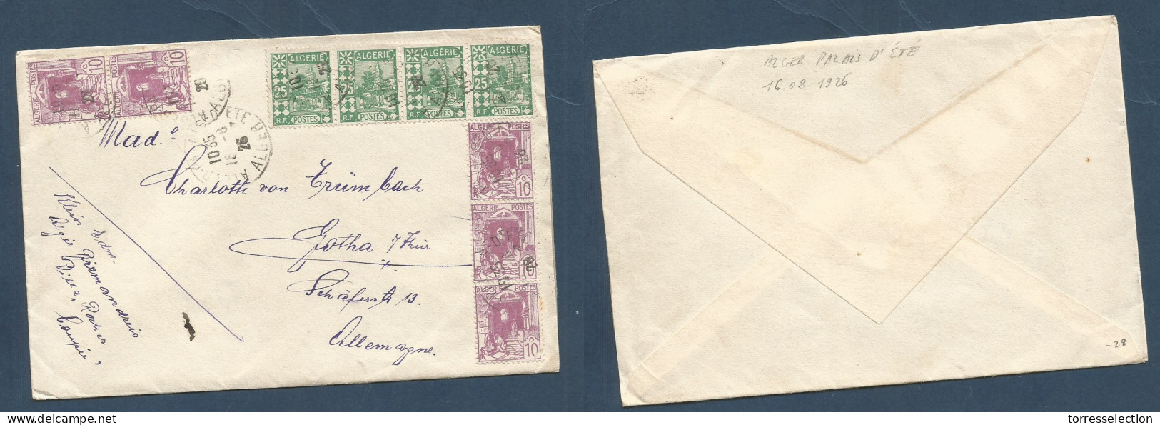 ALGERIA. 1926 (16 Aug) Alger Palais - Germany, Gotha. Multifkd Envelope At 1,50 Fr Rate, Tied Cds. VF. - Argelia (1962-...)