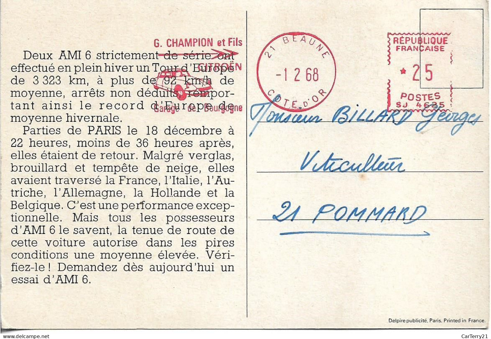 CARTE PUBLICITAIRE. TOUR D'EUROPE DE 2 AMI 6. 1968. - Toerisme