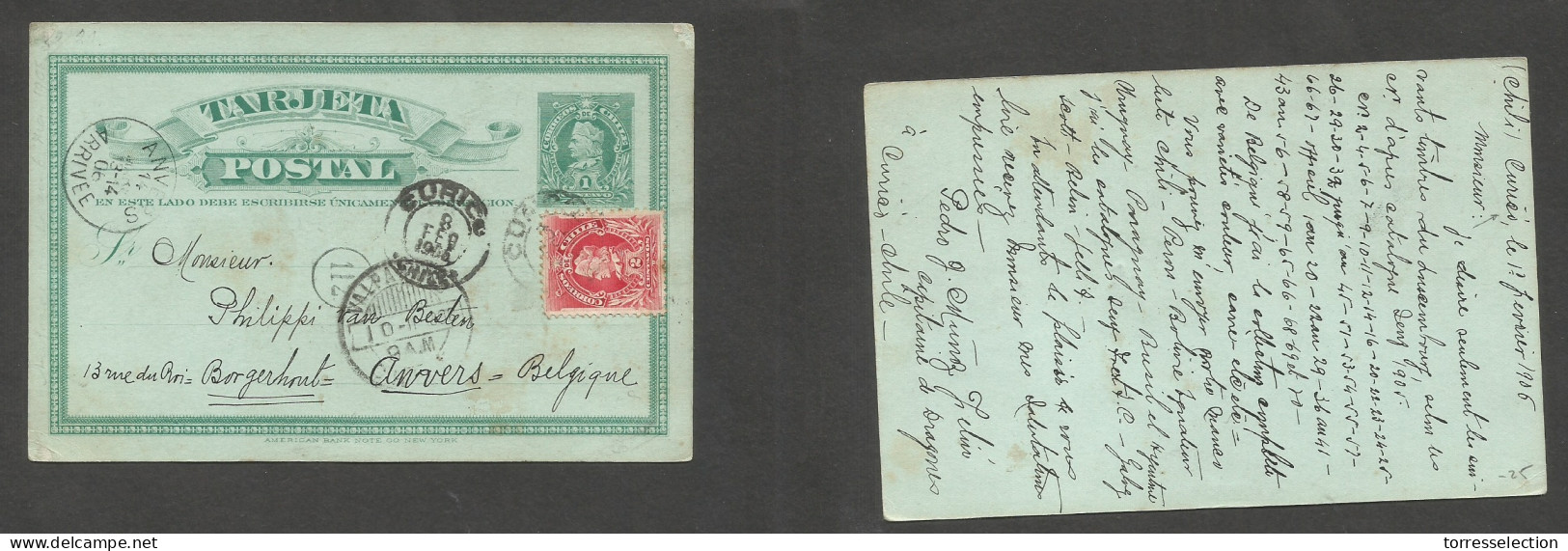 CHILE - Stationery. 1906 (1 Febr) Curicó - Belgium, Anvers (14 March) 1c Green Stat Card + 2c Red Adtl, Cds. Via Valp. B - Chile
