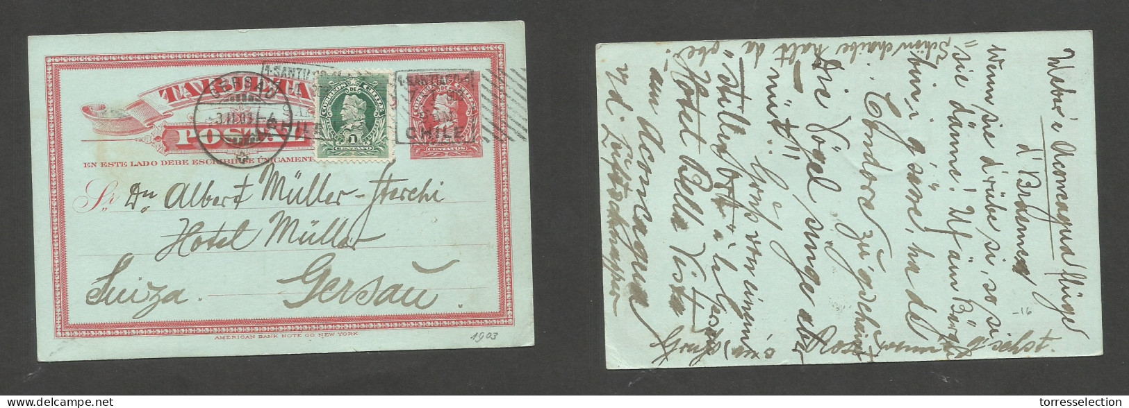 CHILE - Stationery. 1903 (7 Jan) Stgo - Switzerland, Gersan (3 Feb) 2c Red Stat Card + 1c Green Adtl, Tied Box Ds Grill. - Cile