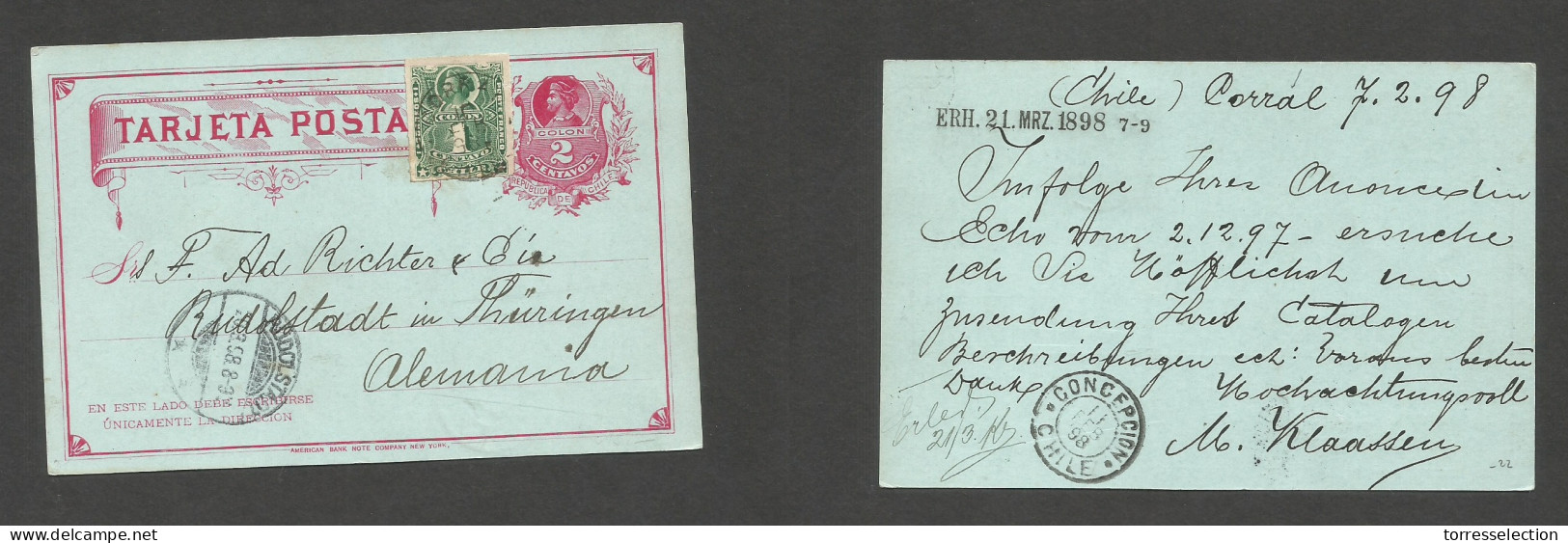 CHILE - Stationery. 1898 (7 Febr) Corral - Germany, Rudolfstadt (20 March) 2c Red Stat Card + 1c Green Perce, Tied Cds. - Chile