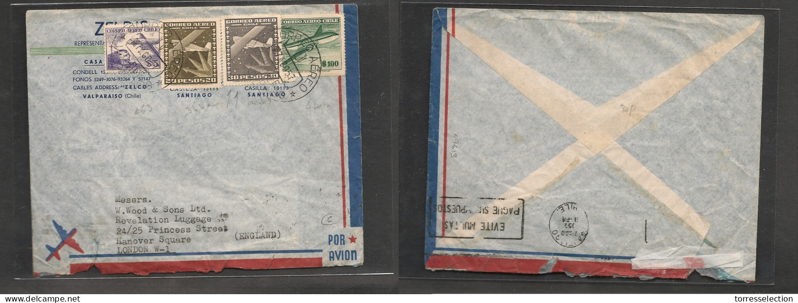 CHILE. Chile Cover - 1957 Valp To London UK Air Mult Fkd Env 175 Pesos Rate Incl 50p Fine Usage - Chili