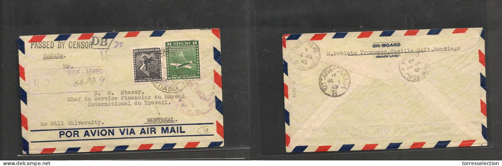 CHILE. Chile Cover - 1942 Stgo To Canada Montreal Registr Mult Fkd Env Airmail+censored At Dest,fine - Chili