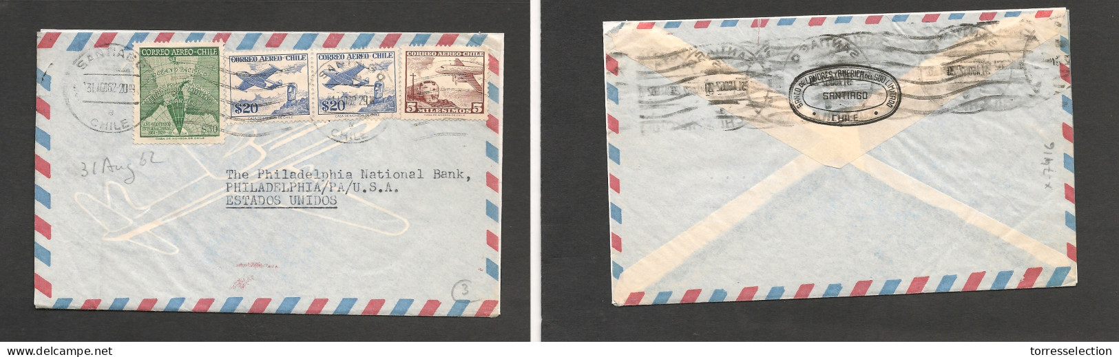 CHILE. Chile - Cover - 1962 31 Aug Stgo To USA Pha Air Mult Fkd Env $90,05 RateEx-Prof West UK Airmails Coll.- . Easy De - Chili