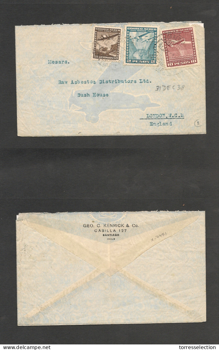 CHILE. Chile - Cover - 1938 18 Oct LATI Stgo To London, UK Asbestors Distributors Air Mult Fkd Env $12.50 Rate. Ex-Prof  - Chile