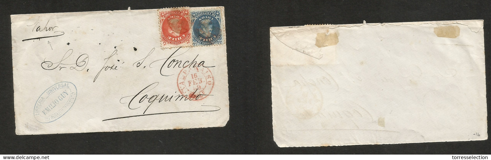 CHILE. 1869 (16 Feb) Valp - Coquimbo. Por Vapor Cover Front Fkd 5c + 10c Second Design, Tied Cork + Red Cds. Opportuniy. - Chili