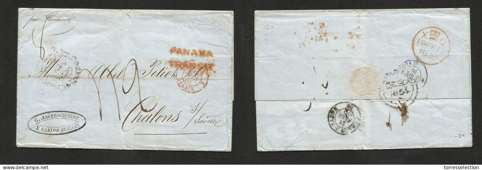 CHILE. 1854 (30 Dec) Valp - France, Chalms (26 Febr) Via BPO Valp - London Stampless EL With Text. Red Panama + Mns Char - Chili