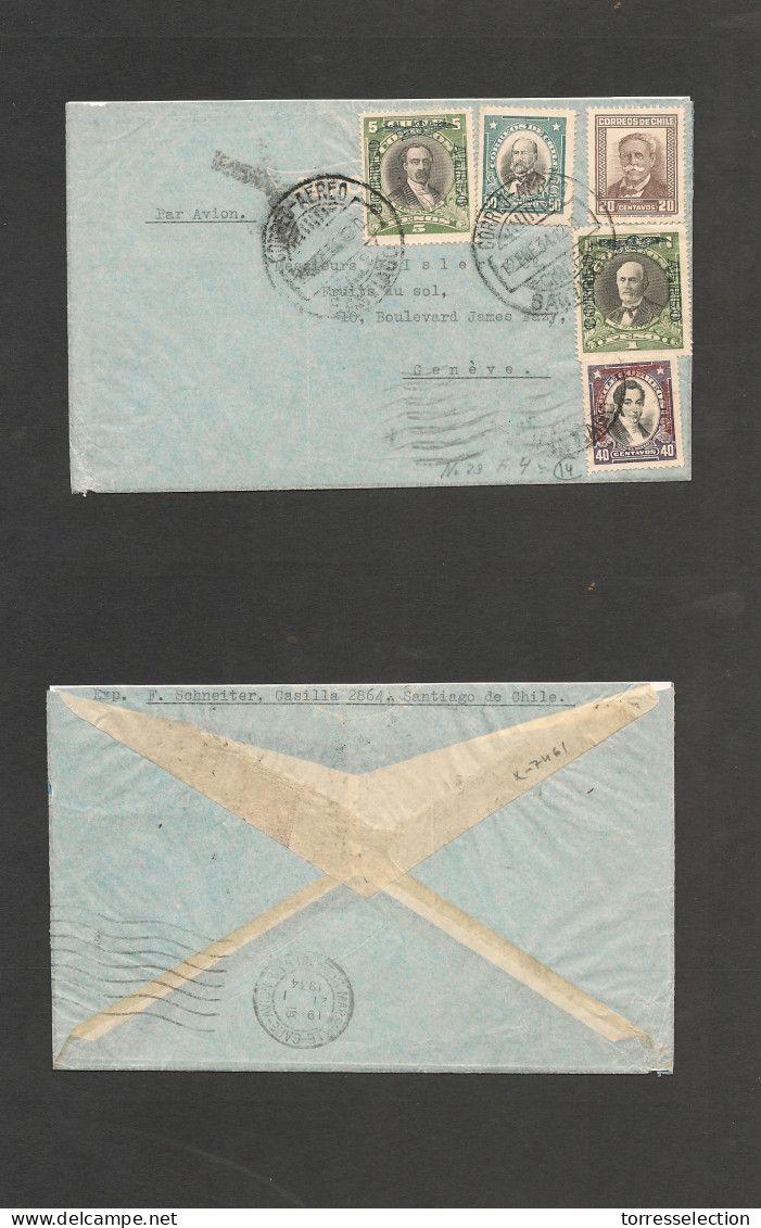 CHILE. Chile - Cover - 1934 12 Ene Stgo To Switzerland Geneve Air Mult Fkd Env Rate$ 7.10. Mixed Issues, Fine.  Via Mars - Chile