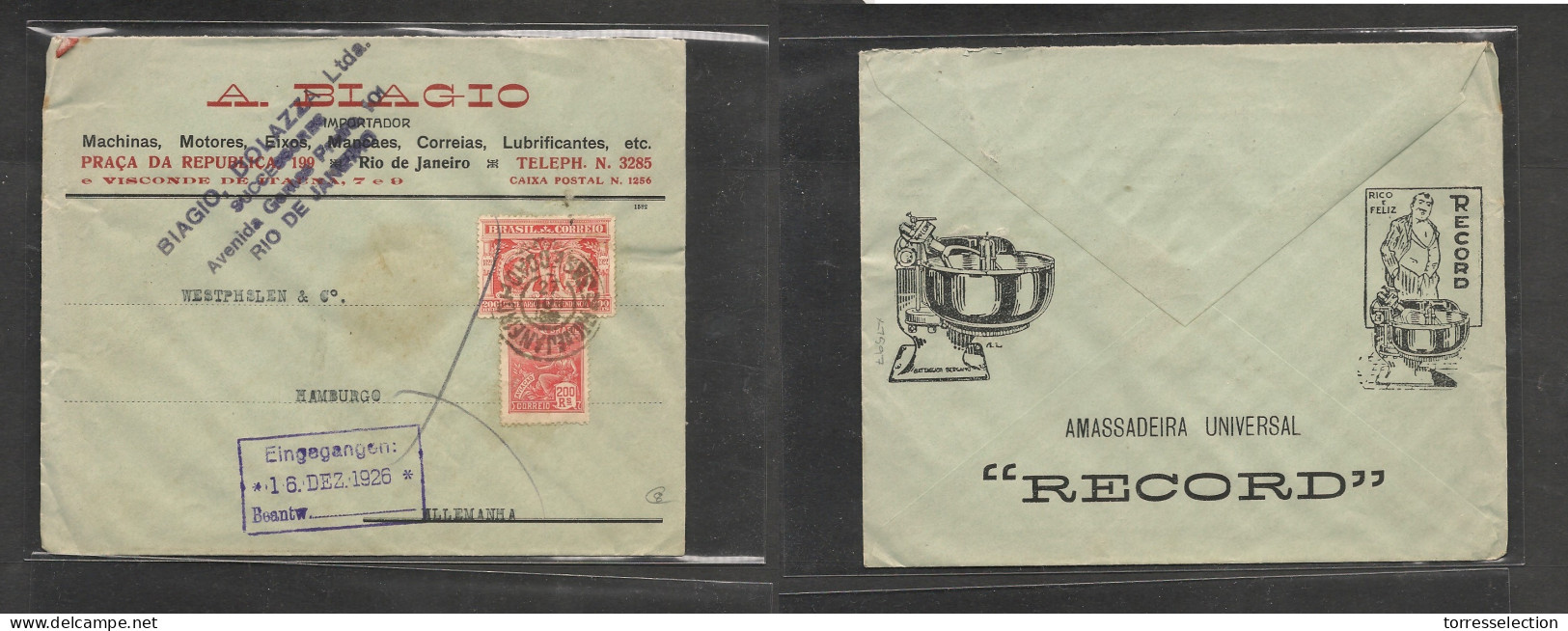 BRAZIL. Brazil Cover - 1926 Recife To Germany Hamburg Illustr Good Year Color Mult Envelop RJ To Germany Color Illustr M - Other & Unclassified