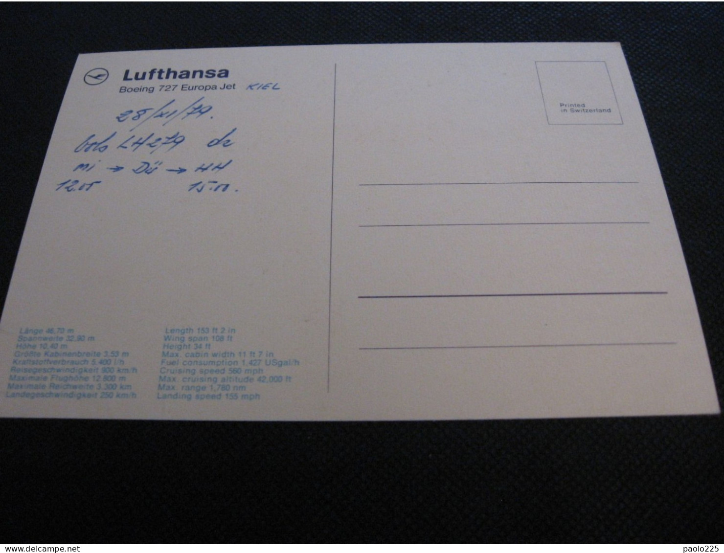 AEREO LUFTHANSA BOEING 727 EUROPA JET VIAGGIO MI-DU-HH DEL 28.11.1979 ORE 12.05 VEDI RETRO CL NV   Qui Entrate! - 1946-....: Moderne