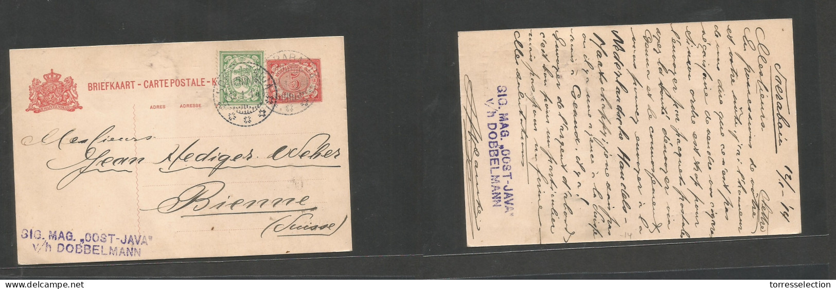 DUTCH INDIES. 1914 (12 Apr) Soerabaja - Switzerland, Bienne 5c Red Stat Card + 2 1/2c Green Adtl, Cds. Fine Used. - Nederlands-Indië