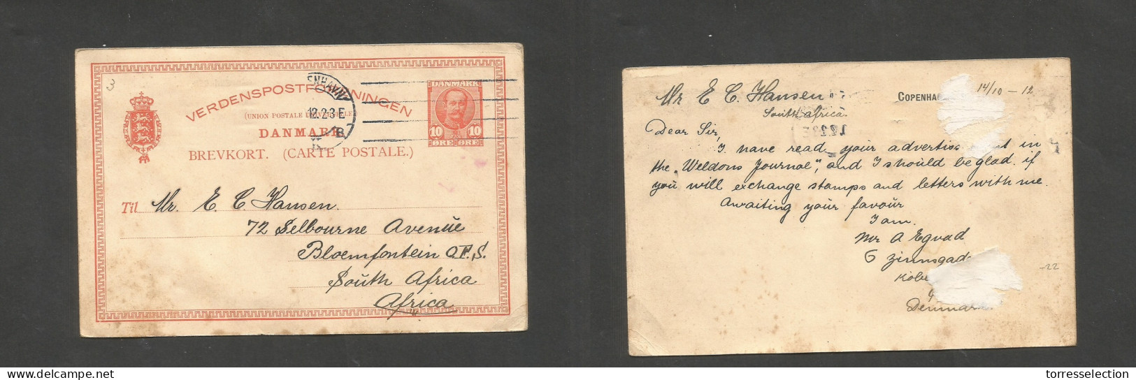 DENMARK. 1912 (14 Oct) Cph - South Africa, Bloemfontein, OFS. 10 Ore Red Stat Card. Fine Used + Dest. - Otros & Sin Clasificación