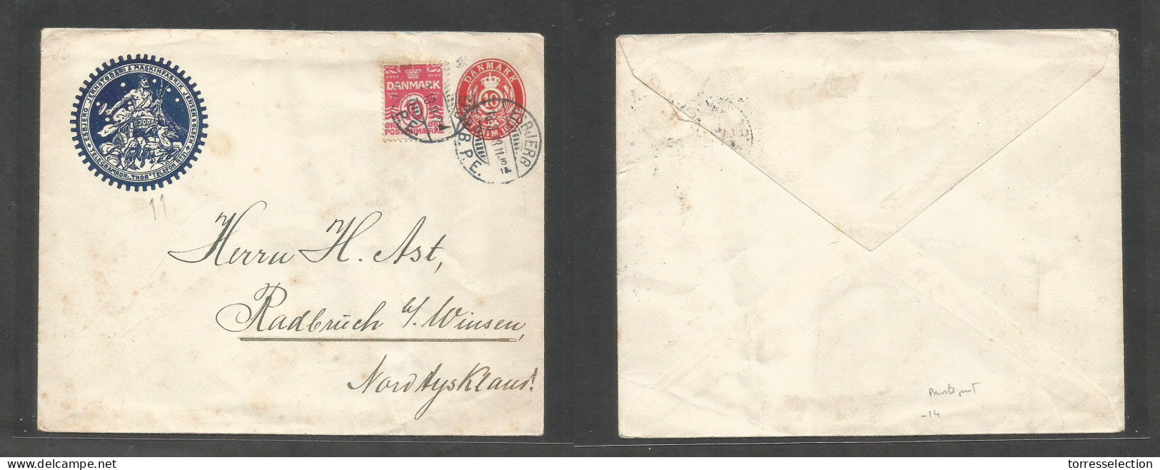 DENMARK. 1913 (18 March) Esbjerg - Rudbrusch, North Germany. Comercial Private Print 10 Ore Rate Stat Env + Adtl. At 20  - Otros & Sin Clasificación