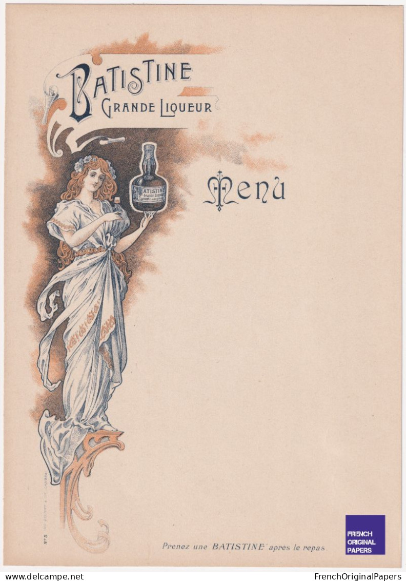 Joli Menu Art Nouveau 1900s Liqueur Batistine Cambrai - Jugendstil Femme Imp. Deligne Style Mucha Woman Vintage C3-35 - Menükarten