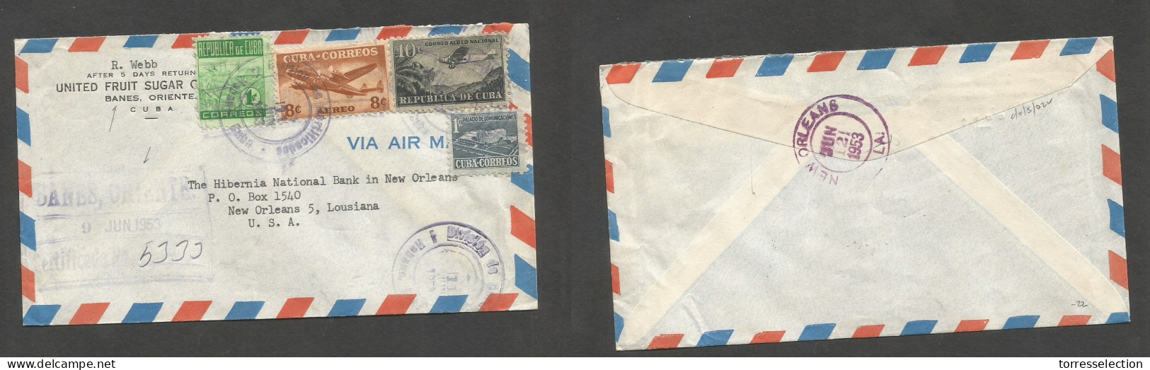 CUBA. 1953 (11 June) Banes, Oriente - USA, New Orleans, LA. Air Multifkd Env. Registered + Comercial, At 20c Rate. - Andere & Zonder Classificatie