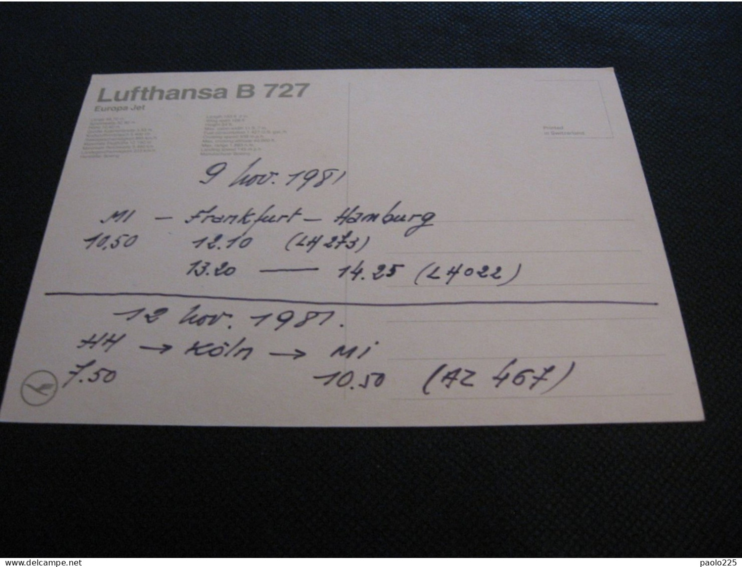 AEREO LUFTHANSA BOEING 727 EUROPA VIAGGIO FRANCOFORTE - HAMBURGO DEL 09.11.1981 ORE 10.50 VEDI RETRO CL NV Qui Entrate! - 1946-....: Moderne