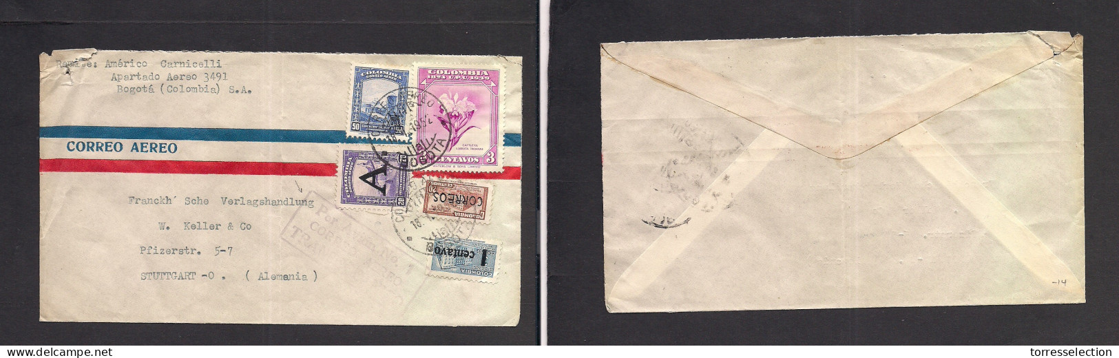 COLOMBIA. 1952 (18 Jan) Bogota - Germany, Stuttgart. Air - 1 Multifkd Env, Ovptd Issues + Special Air Cachet. Fine. - Colombia
