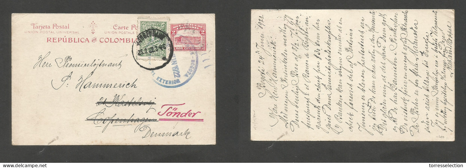 COLOMBIA. 1922 (June 24) Bogota - Denmark, Tonder (25 July) 2c Red Stat Card + Adtl, Tied Depart Cds + Danish PO Dest +. - Colombie