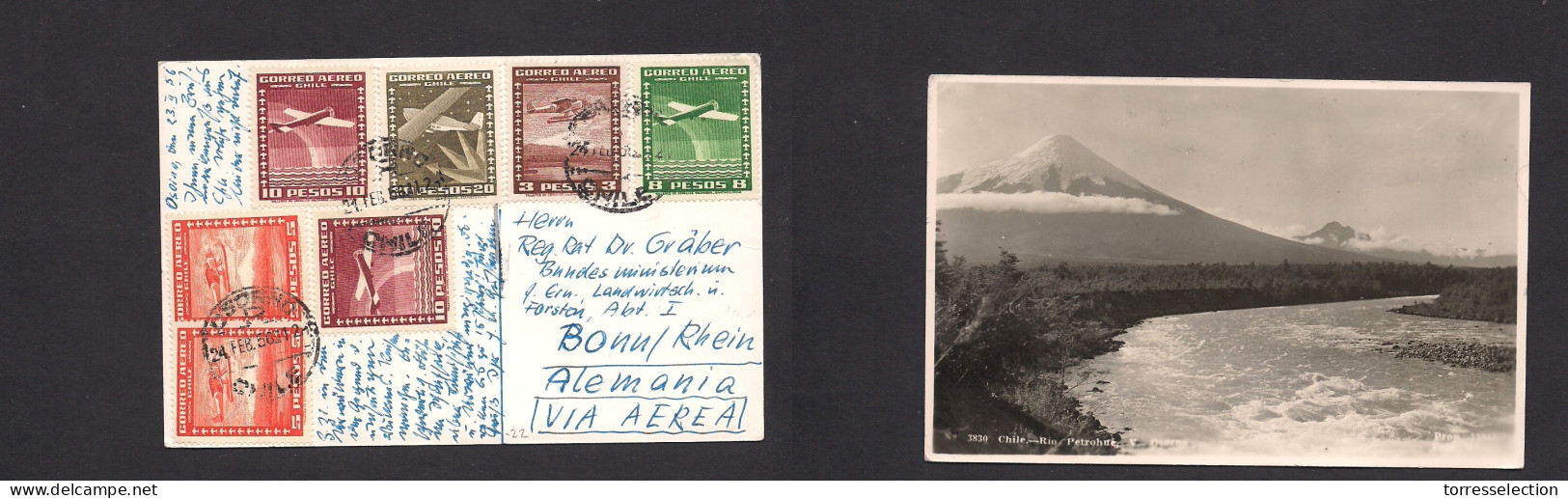 Chile - XX. 1956 (24 Febr) Osorno - West Germany, Bonn. Air Multifkd Env At 61 Pesos Rate, Tied Cds. Attractive. - Chili
