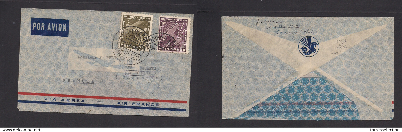 Chile - XX. 1956 (23 March) Stgo - France, Monthiers. Air Multifkd Env At 70 Pesos Rate. - Chile