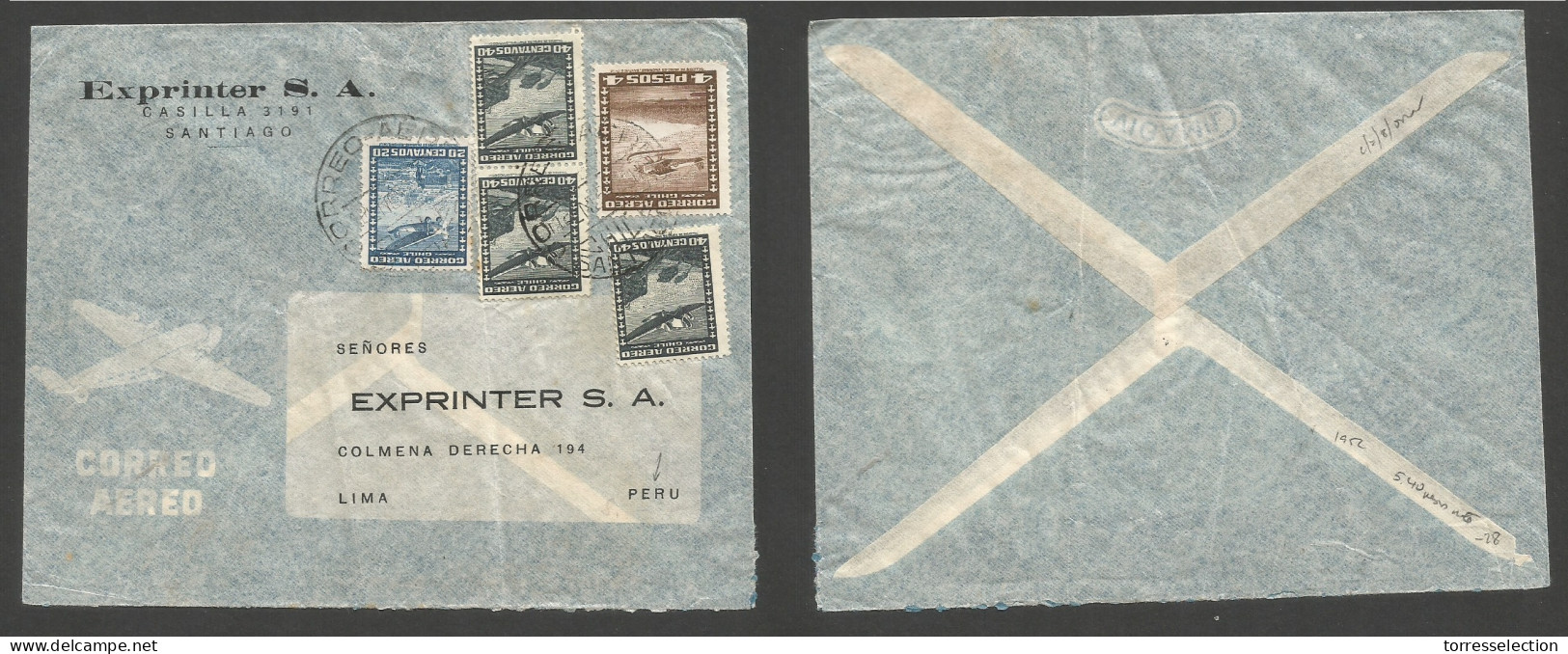 Chile - XX. 1952 (12 Ene) Stgo - Perú, Lima. Air Comercial Mu8ltifkd Env At 5,40 Pesos Rate. Better Air Dest. - Chili