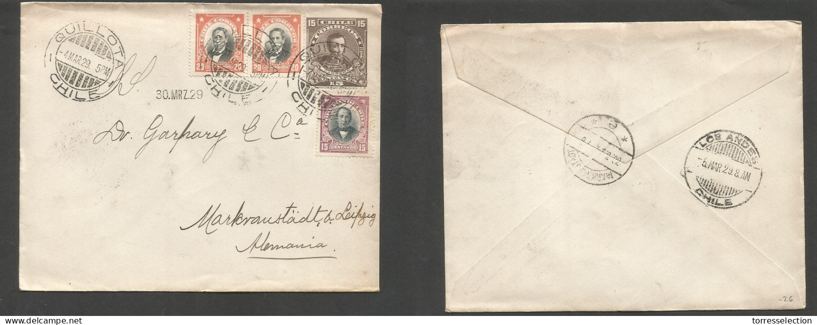 CHILE - Stationery. 1929 (4 March) Quillota - Germany, Mankvanstadt (30 March) 15c Brown + 3 Adtls Stat Env, Cds At 70c  - Chili
