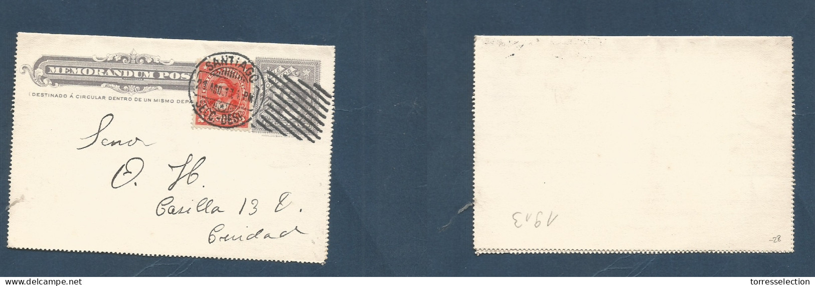 CHILE - Stationery. 1913 (23 Aug) Santiago. 6c Grey Stat Lettersheet + Adtl On Local Usage. Fine + Memorandum. - Chili