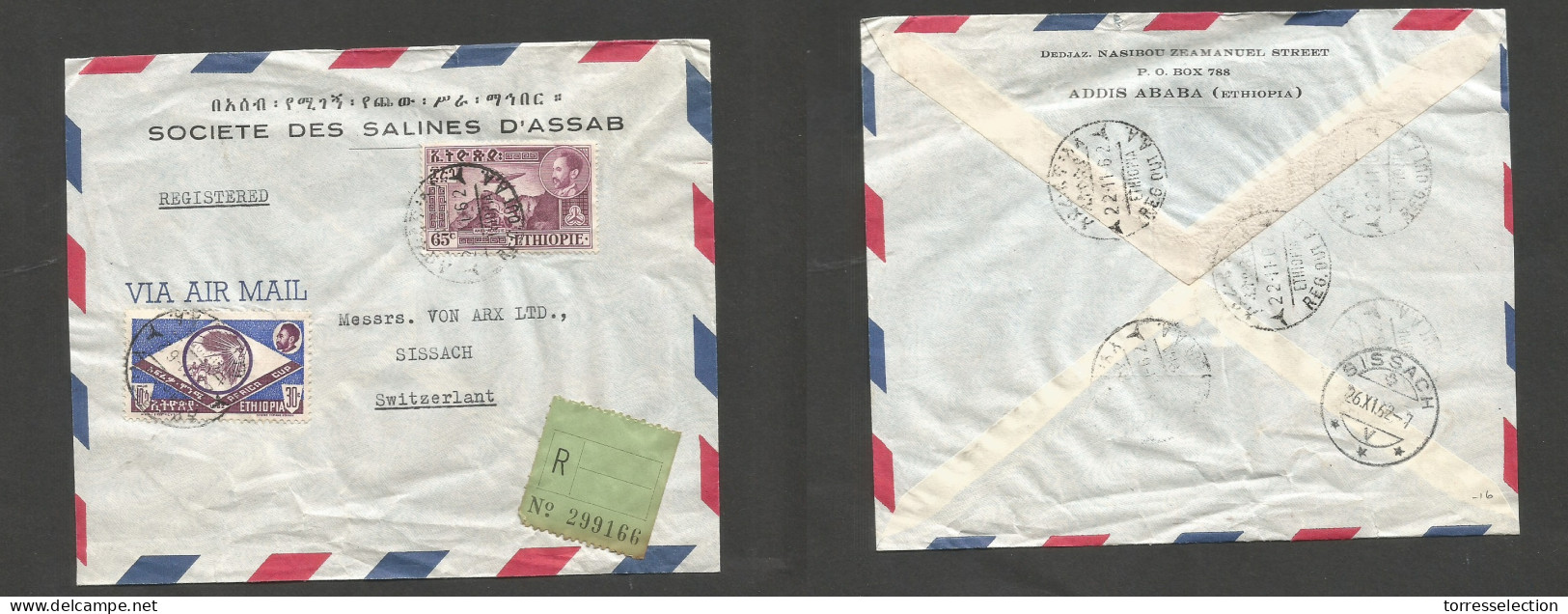 ETHIOPIA. 1962 (22 Nov) Addis Abeba - Switzerland, Sissach (26 Nov) Air Registered Mixed Issues Multifkd Env. Salt Cº. - Etiopia