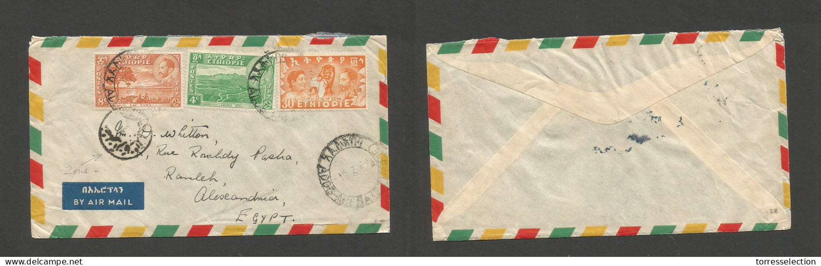 ETHIOPIA. 1952 (19 June) Addis Abeba - Egypt, Alexandria, Ramled. Air Multifkd Env, Mixed Issues. Arrival Censor Cachet. - Etiopia