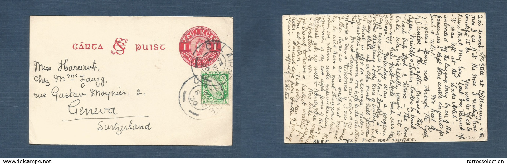 EIRE. 1936 (8 Aug) Cill Airne - Switzerland, Geneva. 1d Red Stt Card + Adtl, Tied Cds. - Oblitérés