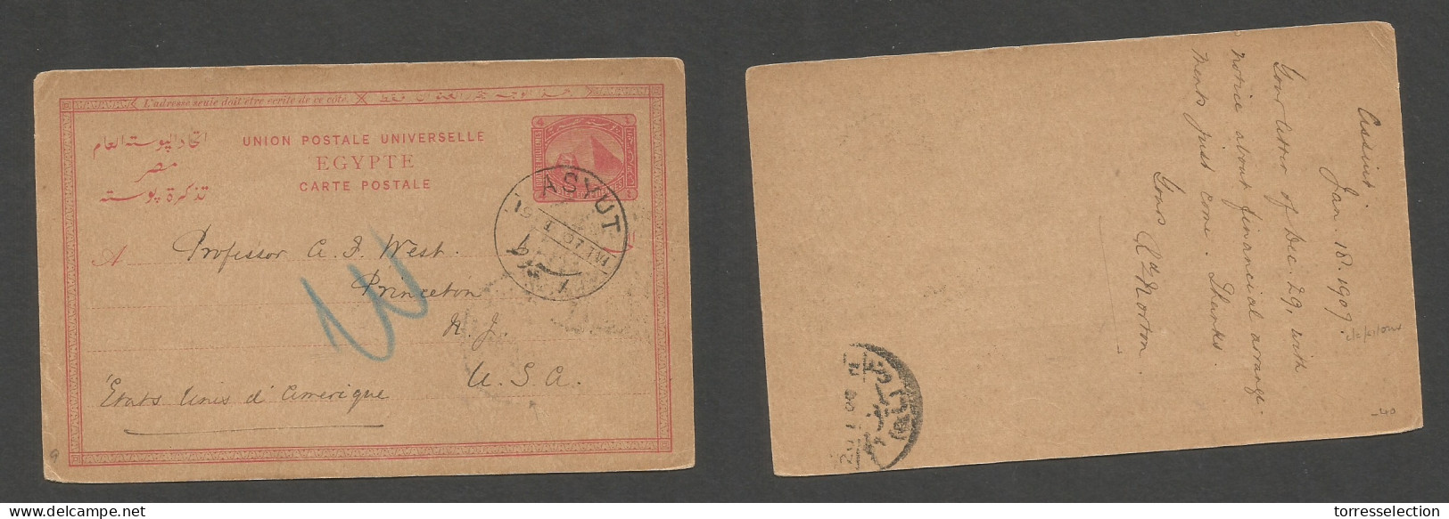 EGYPT. 1907 (19 Jan) Asyut - USA, Princeton, NJ. Early 4m Red Purple Stat Card, Tied Bilingual Cds. Fine + Dest. - Autres & Non Classés