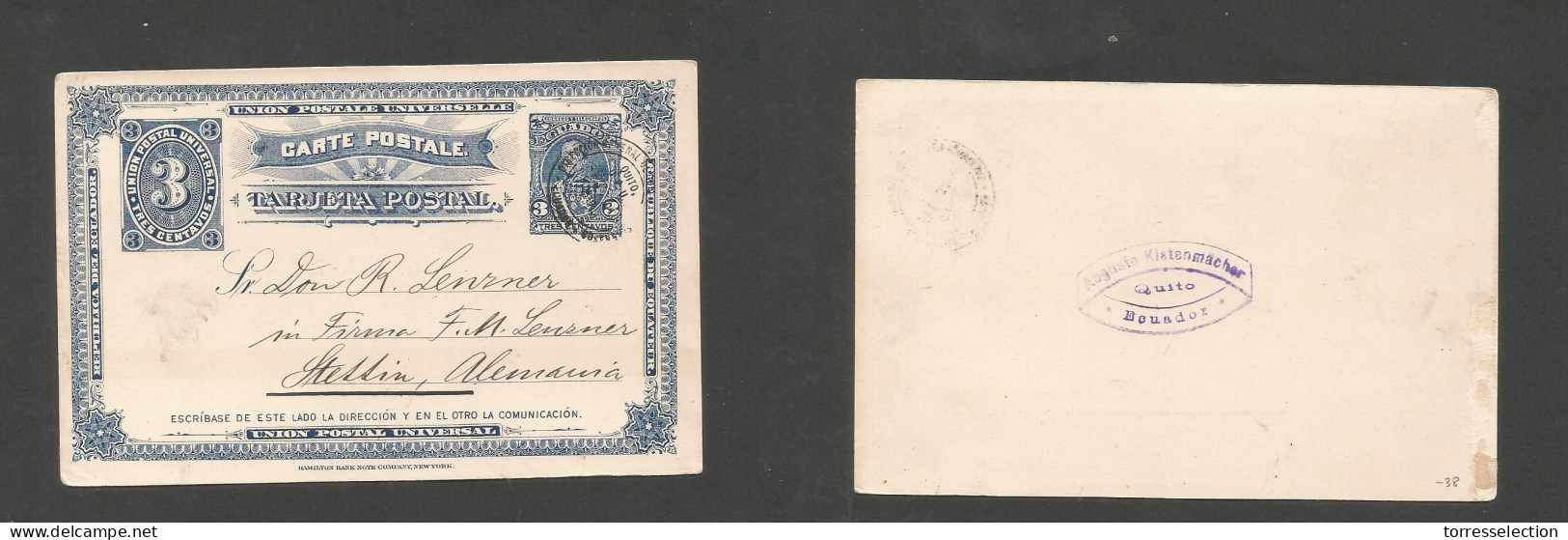 ECUADOR. C. 1896. Quito - Germany, Stettin. 3c Blue Illustrated Stat Card, Cancelled Cds. VF, Scarce Usage. - Equateur
