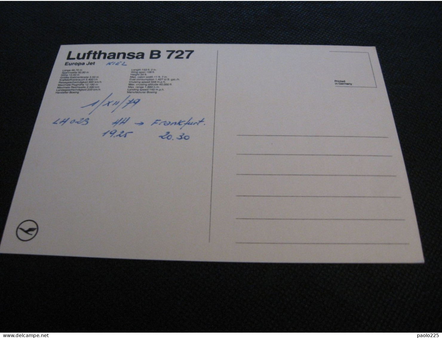 AEREO LUFTHANSA BOEING 727 EUROPA JET VIAGGIO HAMBURGO.FRANKFUTH DEL 01.12.1979 ORE 19.25 VEDI RETRO CL NV Qui Entrate! - 1946-....: Era Moderna