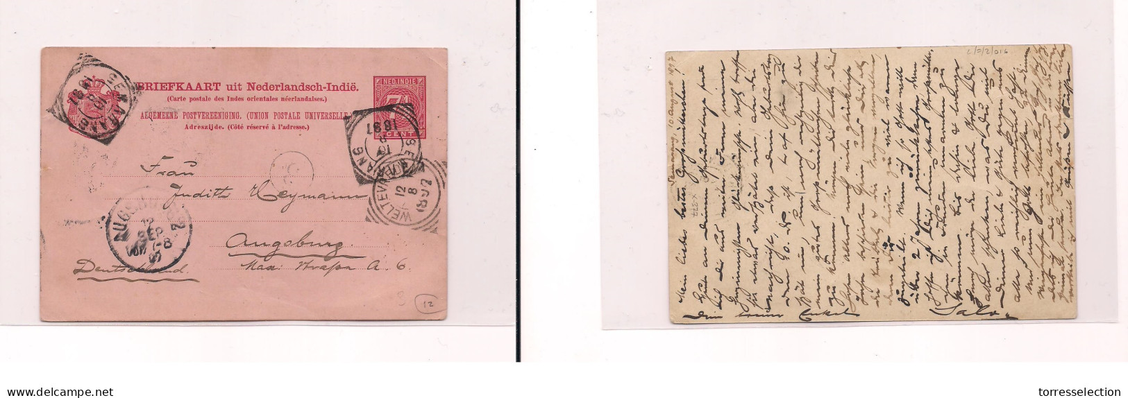 DUTCH INDIES. Dutch Indies - Cover - 1897 Semarangto Augsburg Germany Red Stat Card Transited. Easy Deal. - Niederländisch-Indien