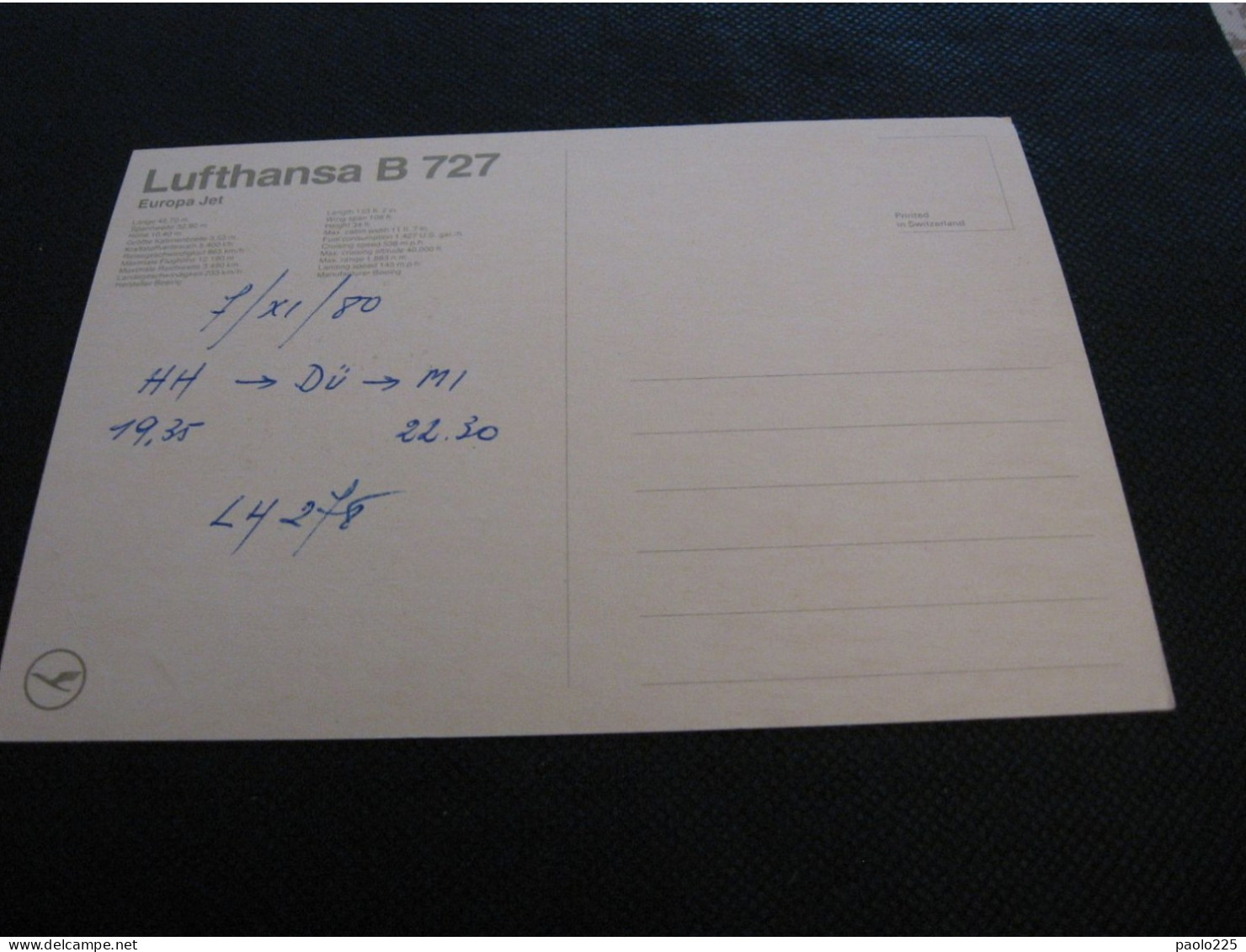 AEREO LUFTHANSA BOEING 727 EUROPA JET VIAGGIO HAMBURGO-DUSSELDORF DEL 07.11.1980 ORE 19.35 VEDI RETRO CL NV Qui Entrate! - 1946-....: Era Moderna