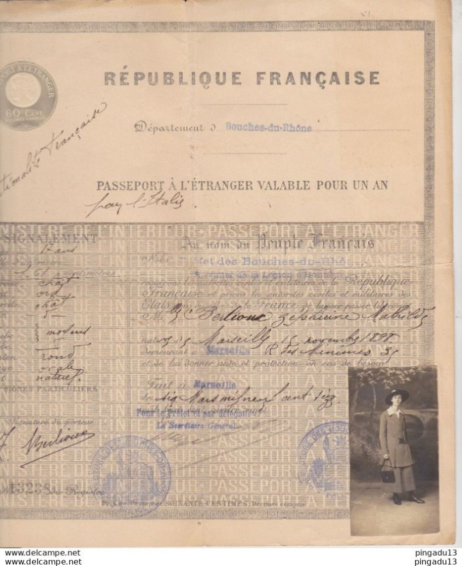 Fixe France Passeport à L'étranger 1916 Menton Garavan Ventimiglia Italie Femme Au Chapeau - Brieven En Documenten