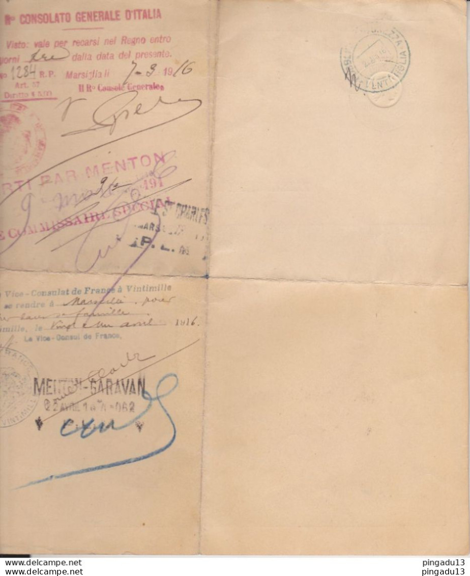 Fixe France Passeport à L'étranger 1916 Menton Garavan Ventimiglia Italie Femme Au Chapeau - Lettres & Documents